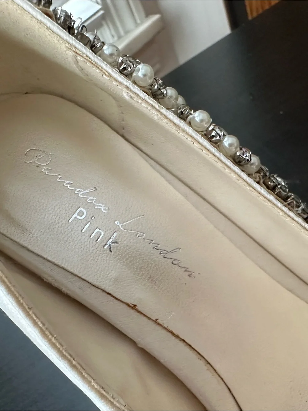 Paradox London Pink Satin Ivory Peep-Toe Platform Heels with Crystal Trim